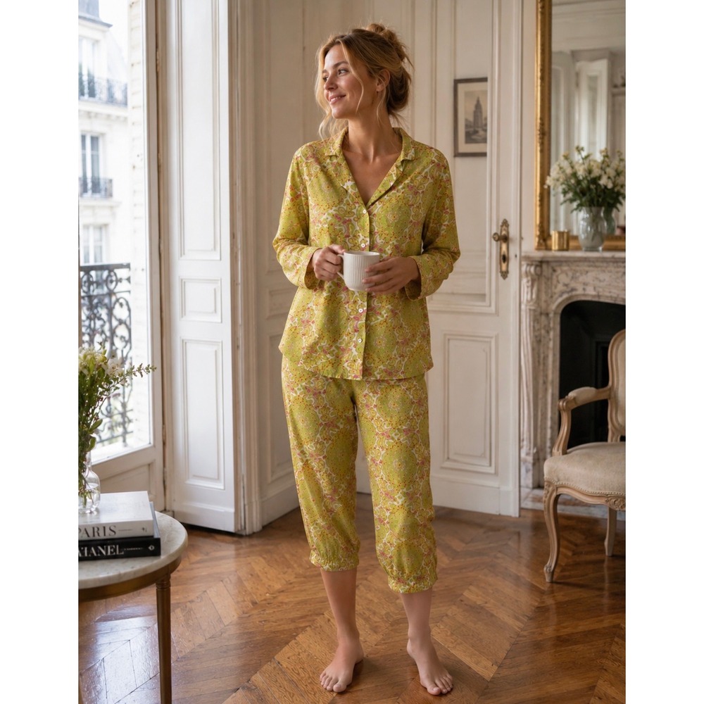 Pine Cone Hill Womens Pajama Set Medium Green Pink Paisley Cotton Ruffle Crop M